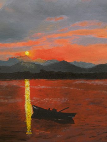 Red Sunset Over Lake